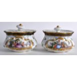 A PAIR OF MID 19TH CENTURY CONTINENTAL PORCELAIN LOBED INCENSE BURNERS AND COVERS painted with