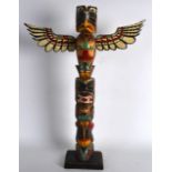AN UNUSUAN NORTH AMERICAN CARVED WOOD TOTEM POLE with brightly coloured decoration. 1Ft 11ins high.