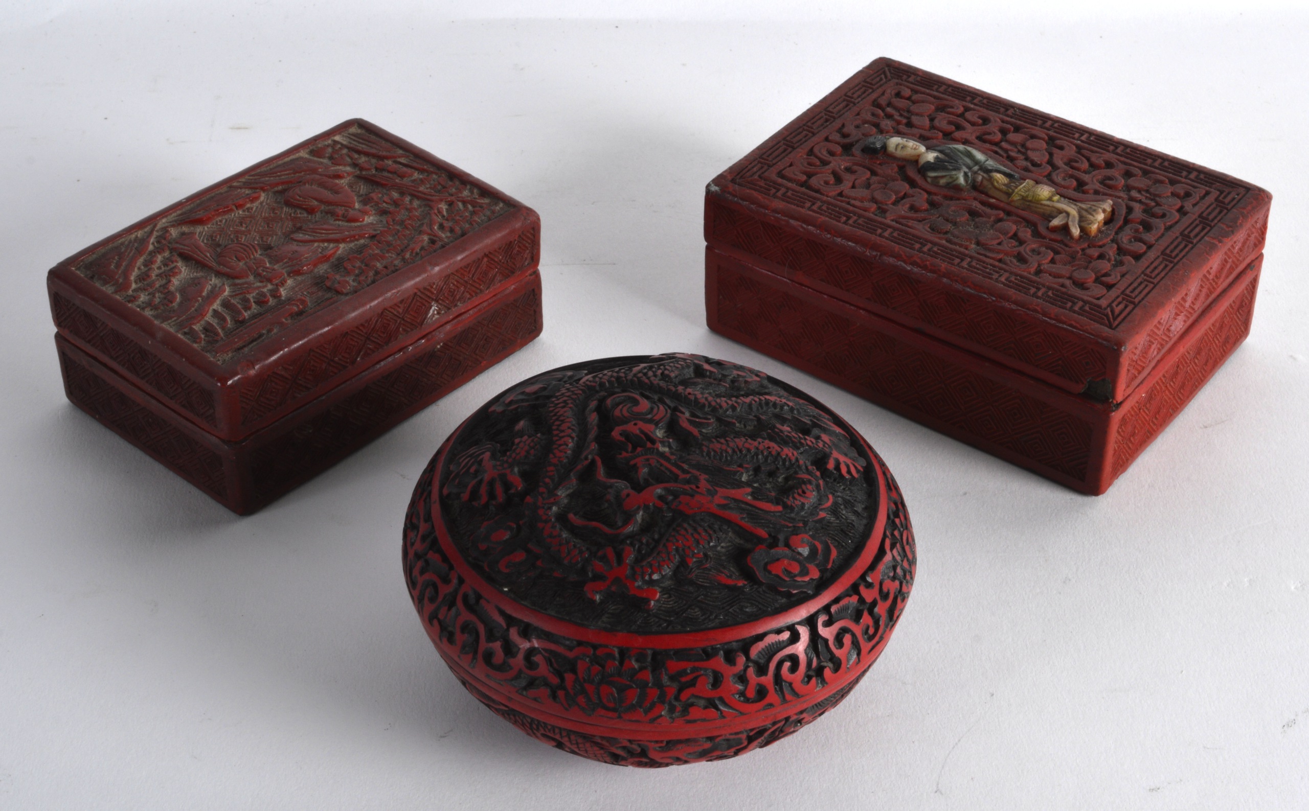 AN UNUSUAL EARLY 20TH CENTURY CHINESE CINNABAR LACQUER AND HARDSTONE BOX together with another