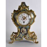 AN EARLY 20TH CENTURY FRENCH BRASS AND CHAMPLEVE ENAMEL MANTEL CLOCK with floral painted dial and