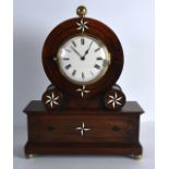 A LATE 19TH CENTURY CARVED ROSEWOOD IVORY AND EBONY MANTEL CLOCK with circular dial and scrolling