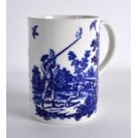 A GOOD 18TH CENTURY WORCESTER MUG printed with the Man holding a gun & man shooting a gun pattern.