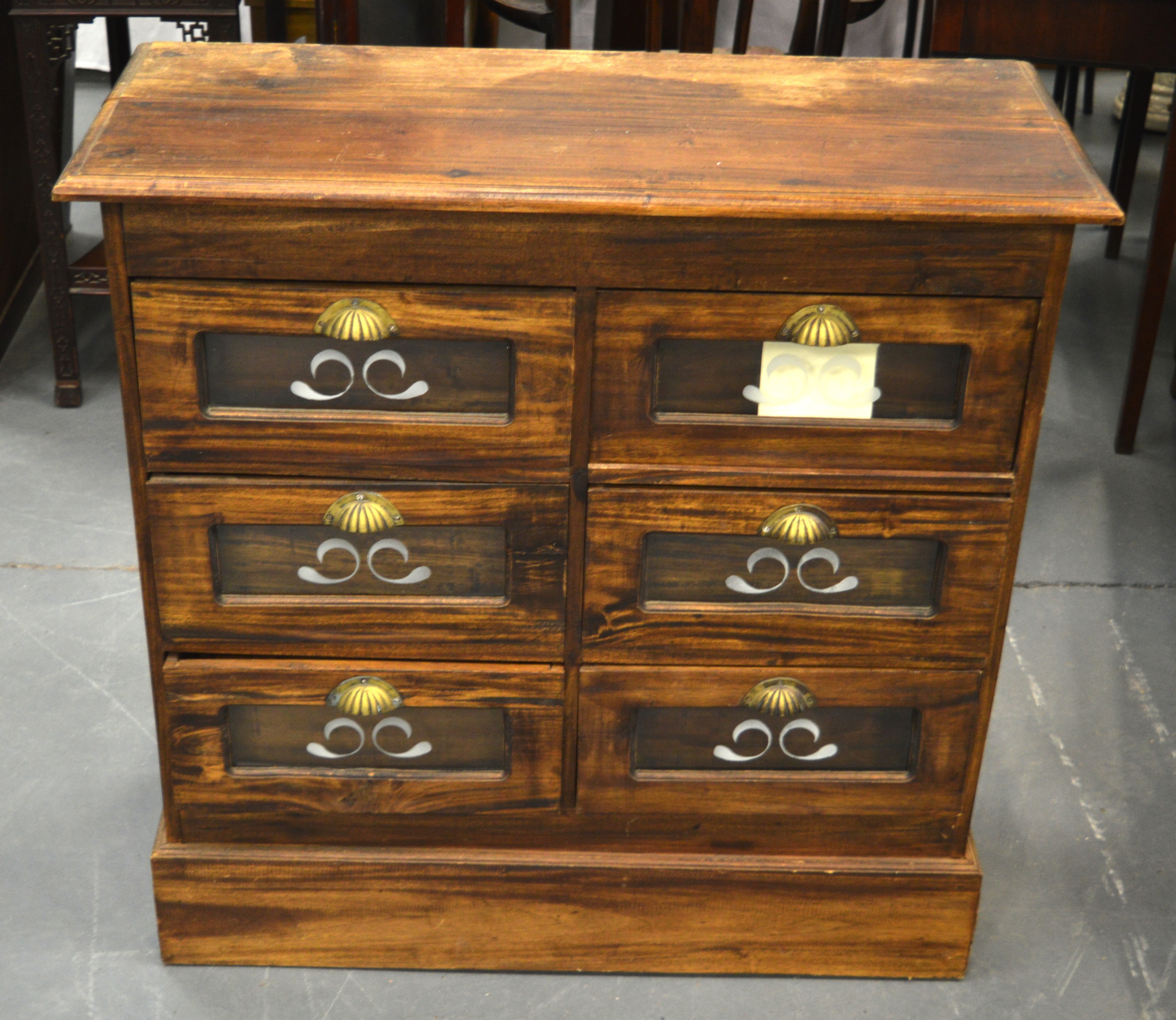 A MAHOGANY GLASS FRONT SHOP SIPLAY CHEST OF DRAWERS. 3 ft x 2 ft 11ins.