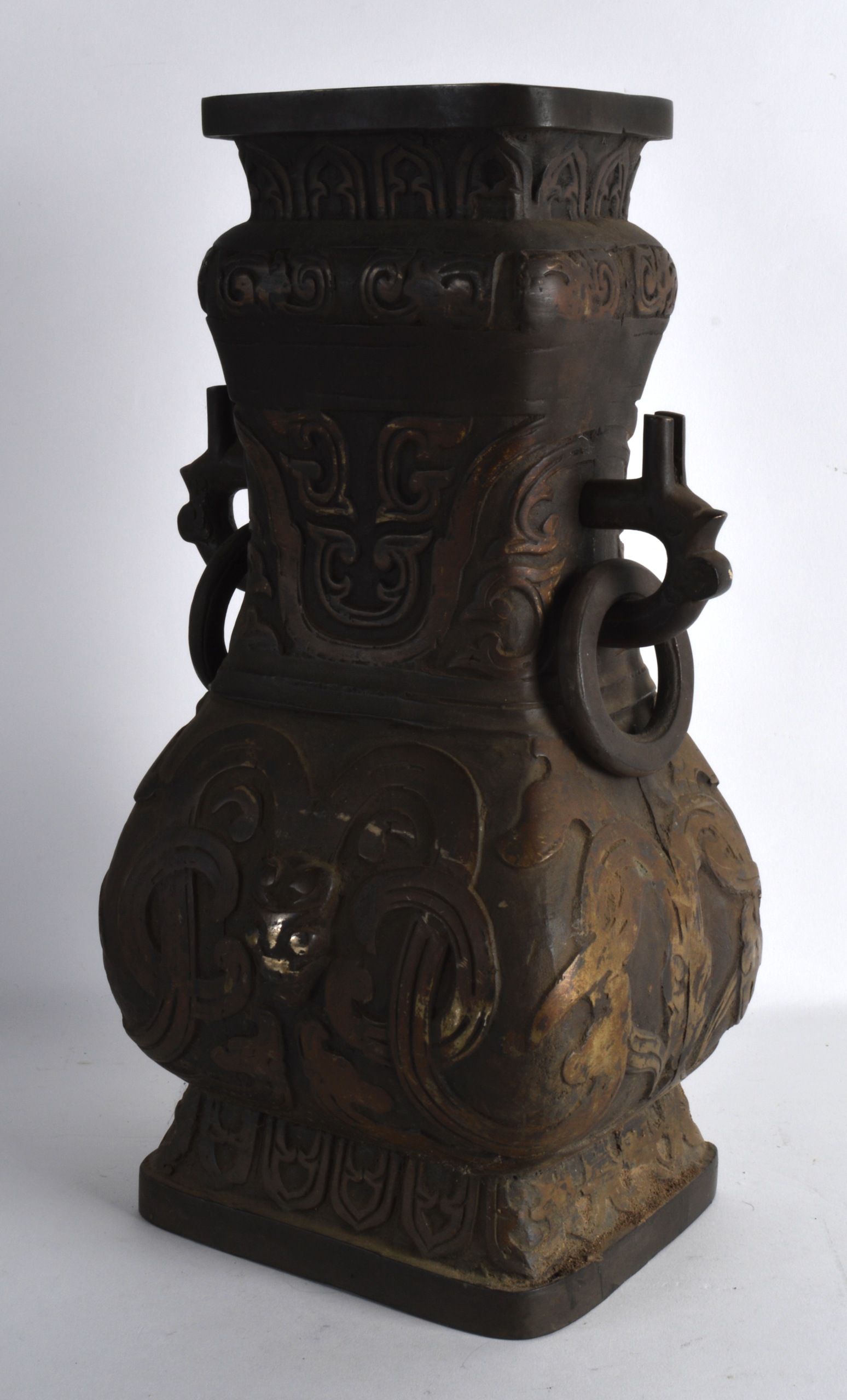 A LARGE CHINESE QING DYNASTY TWIN HANDLED BRONZE VASE decorated with mask heads and motifs. 1Ft 4. - Image 2 of 2