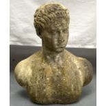 A GOOD 19TH CENTURY CARVED STONE BUST OF A ROMAN MALE. 1Ft 6ins high.