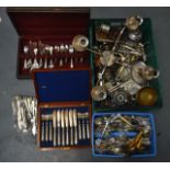 A LARGE COLLECTION OF SILVER PLATED ITEMS including cutlery, canteens, teapots etc. (qty)