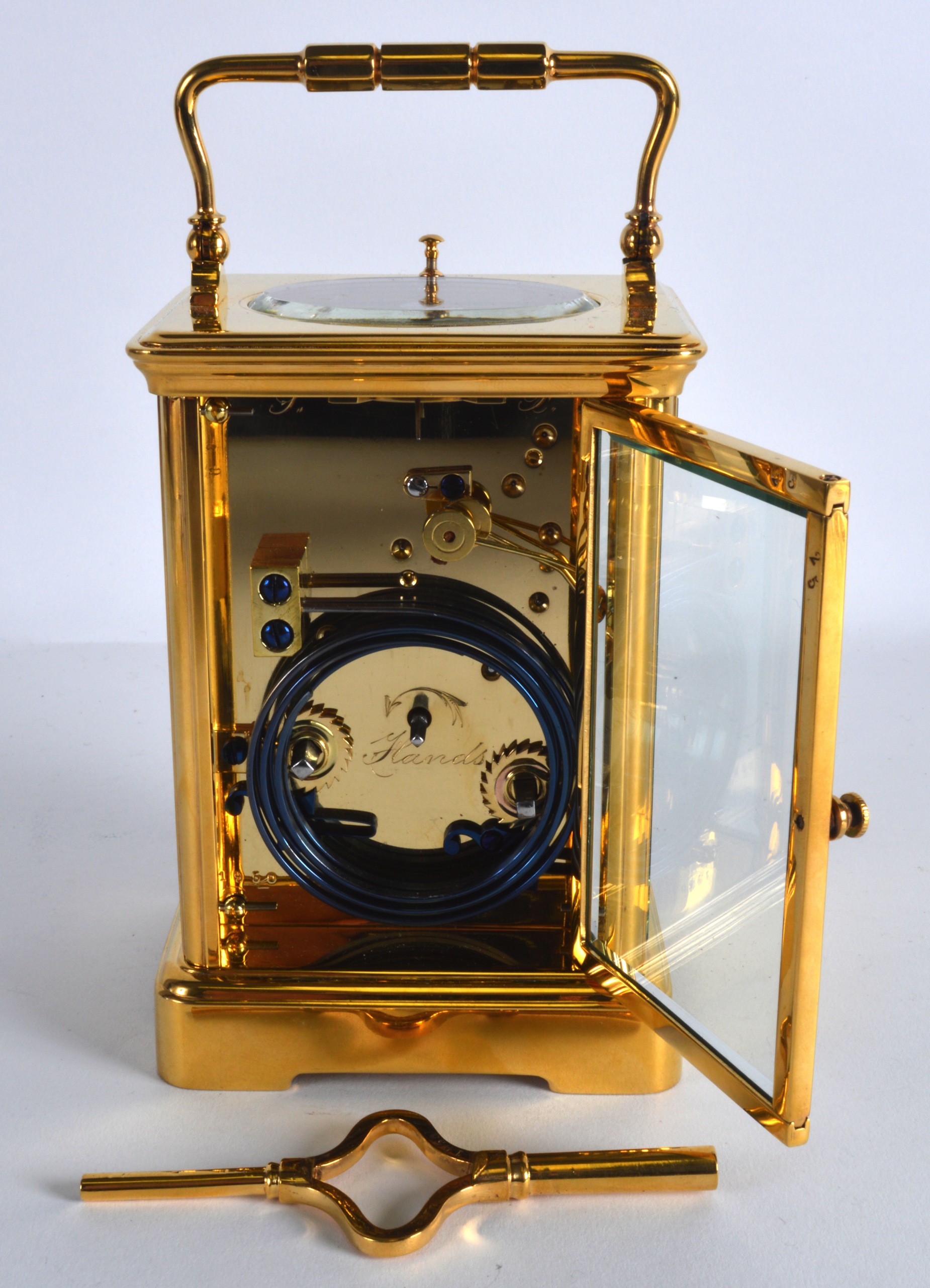 A GOOD FRENCH GRAND SONNERIE BRASS REPEATING CARRIAGE CLOCK the dial signed Goldsmiths Company - Image 3 of 4