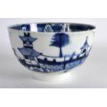 AN 18TH CENTURY LOWESTOFT BOWL painted in blue with two huts in the Chinese style. 4.25ins