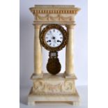 A LATE 19TH CENTURY CARVED ALABASTER PORTICO CLOCK with white enamel dial and cylindrical