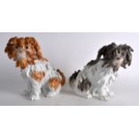 A GOOD LARGE PAIR OF 19TH CENTURY MEISSEN FIGURES OF DOGS modelled after J J Kandler. 9.5ins high.