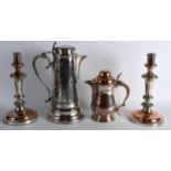 A PAIR OF MID 19TH CENTURY SILVER PLATED CANDLESTICKS together with a large jug & another. Largest