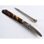 A SMALL LATE VICTORIAN/EDWARDIAN SILVER MOUNTED TORTOISESHELL LETTER OPENER together with a