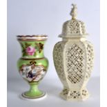 A 19TH CENTURY LEEDS STYLE CREAMWARE RETICULATED VASE AND COVER together with a pearlware vase