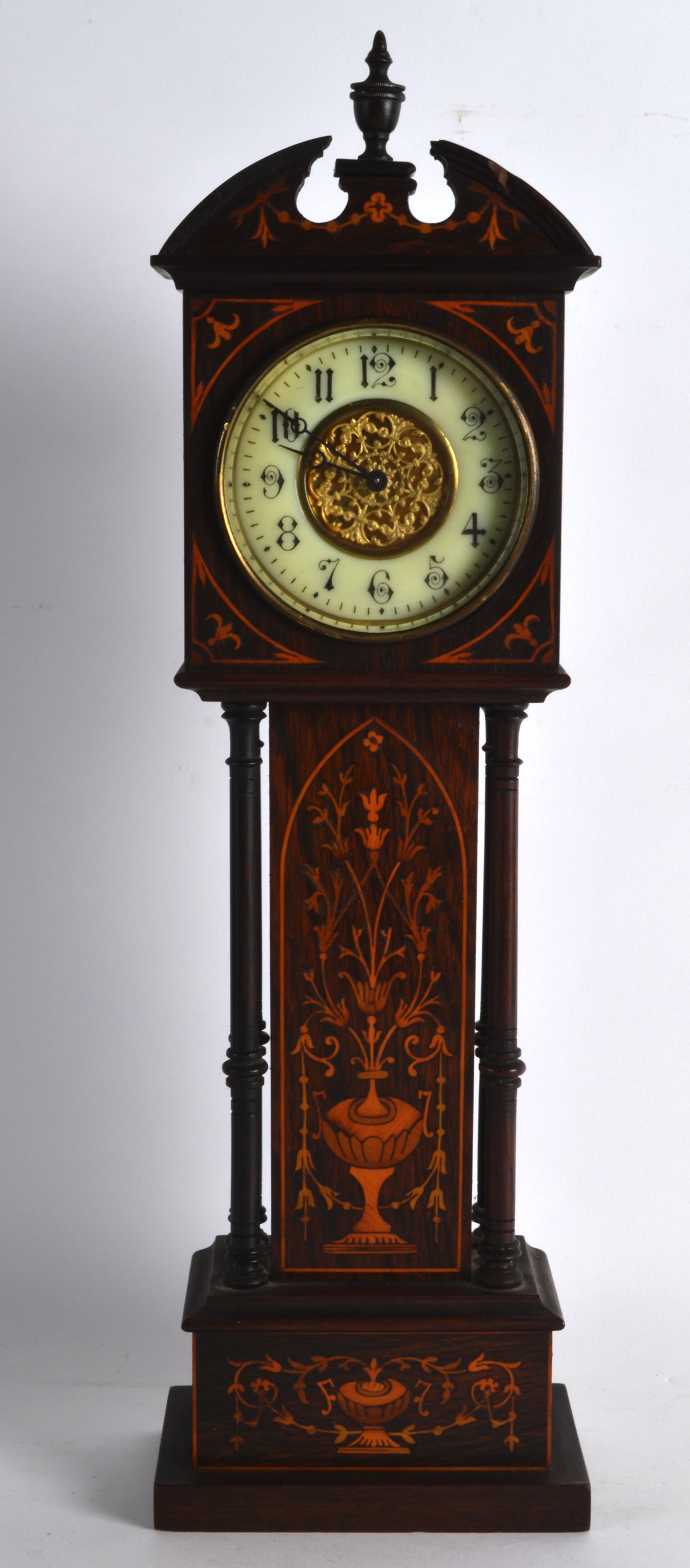 A LATE 19TH CENTURY ROSEWOOD INLAID APPRENTICE TYPE LONGCASE CLOCK decorated with urns of foliage.