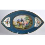 A GOOD 18TH CENTURY SEVRES POWDER BLUE OVAL DISH painted with a unusual masked male upon a donkey