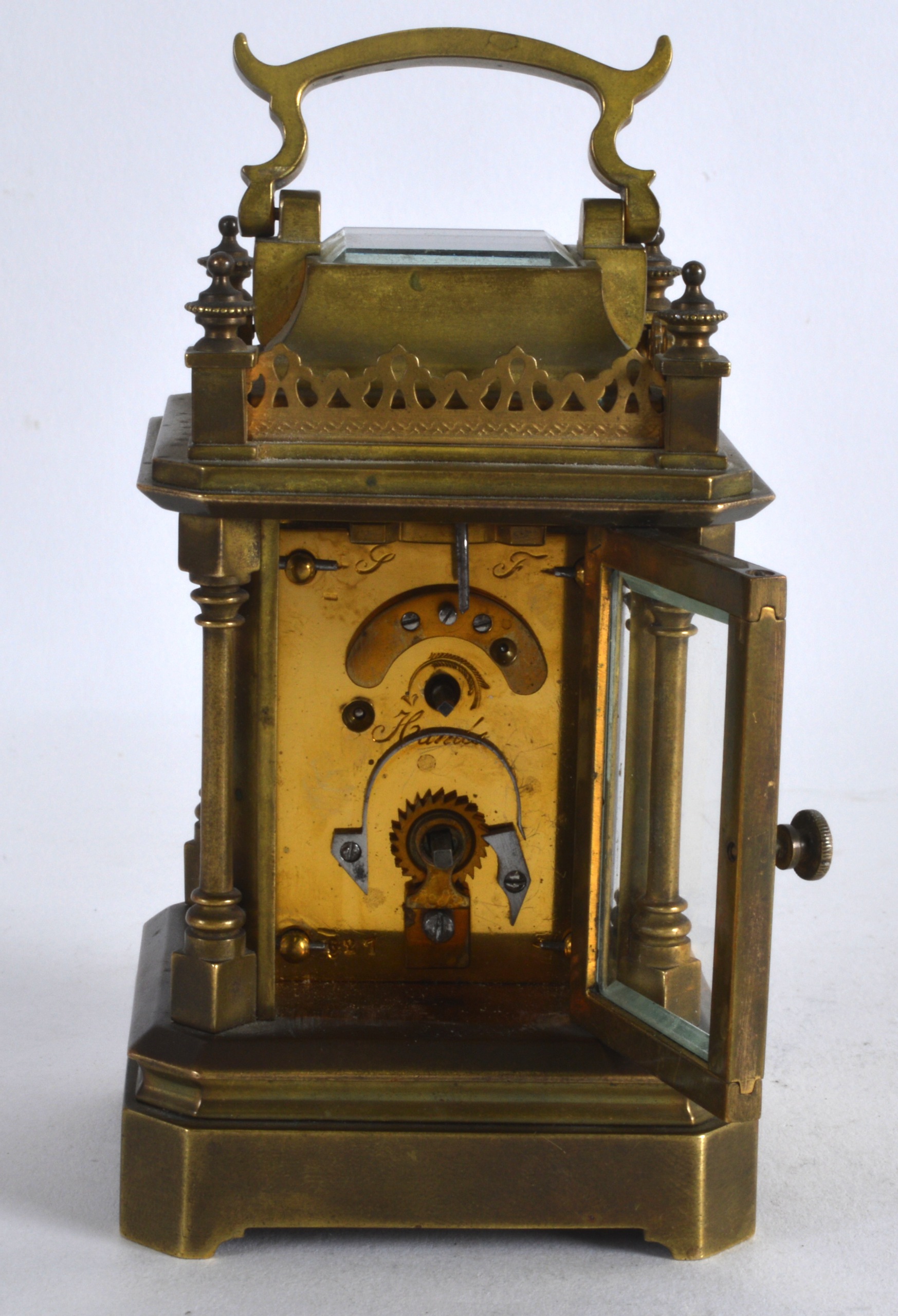 A SMALL LATE 19TH CENTURY FRENCH MINIATURE CARRIAGE CLOCK with pierced frieze, the dial painted with - Image 2 of 2