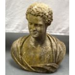A GOOD 19TH CENTURY CARVED STONE BUST OF A ROMAN MALE modelled in robes. 1Ft 7ins.