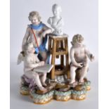 A LARGE 19TH CENTURY MEISSEN PORCELAIN FIGURAL GROUP depicting three figures beside a white glazed