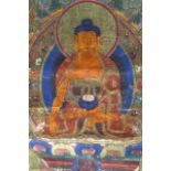 A GOOD 18TH CENTURY TIBETAN THANGKA depicting Shakyamuni seated upon a jewelled throne, within a