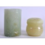 A CHINESE CARVED JADE CIRCULAR BOX AND COVER together with a jade brush pot decorated with a