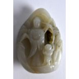 A GOOD 19TH CENTURY CHINESE CARVED GREEN JADE BOULDER formed with guanyin standing beside a child