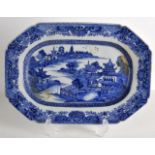 AN 18TH CENTURY CHINESE EXPORT BLUE AND WHITE DISH Qianlong, painted with landscapes. 11Ins wide.