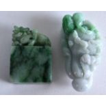 A CHINESE CARVED GREEN JADEITE FRUITING POD Probably late Qing, together with a jadeite carved