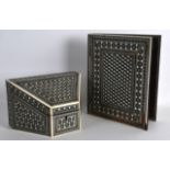 A 19TH CENTURY ANGLO INDIAN IVORY INLAID SHAPED LETTER BOX AND COVER together with a matching book