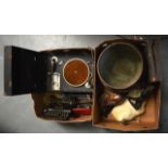 TWO BOXES OF VARIOUS COLLECTABLES including a large copper jardinière, a typewriter, a cased