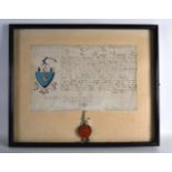 A FRAMED GEORGE III DEED with wax seal. Document 1ft 8ins x 12ins.