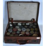 A VINTAGE LEATHER SUITCASE containing numerous Moulded Cylinder Records, with various titles