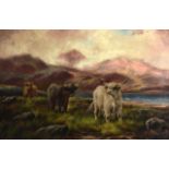 BRITISH SCHOOL, FRAMED PAIR OIL ON CANVAS, SIGNED BENNETT, HIGHLAND CATTLE IN MOUNTAINOUS LANDSCAPE.