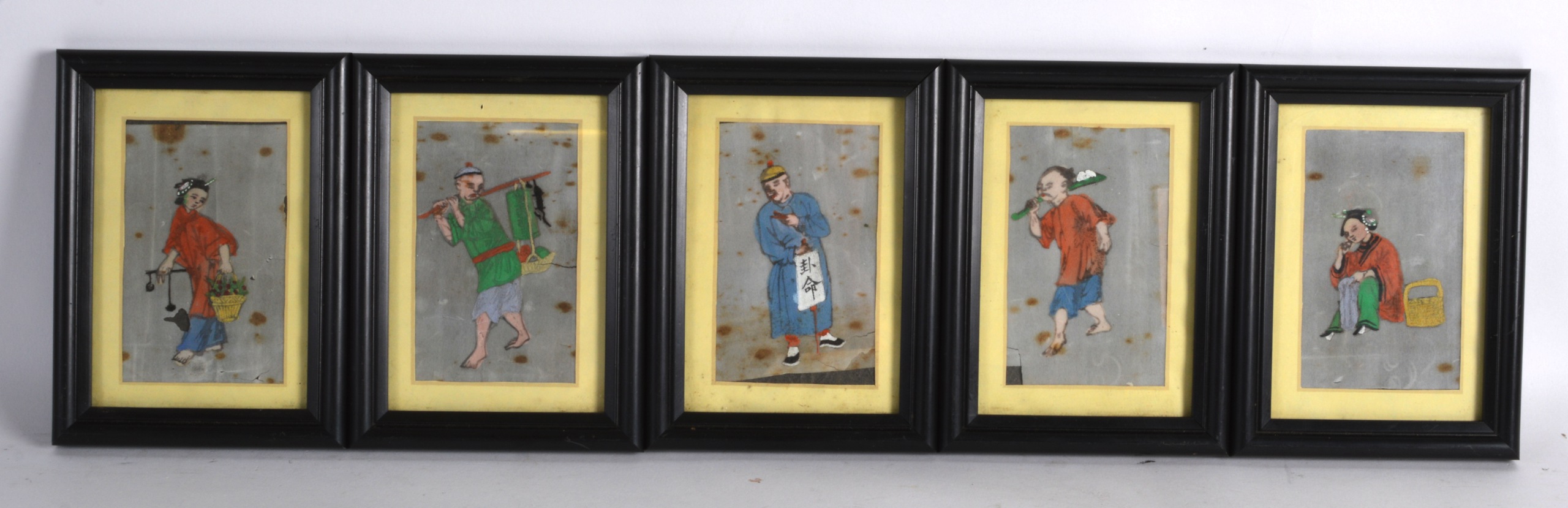 A SET OF FIVE 19TH CENTURY CHINESE FRAMED RICE PAPER PAINTINGS contained within ebonised frames.