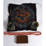 A 19TH CENTURY CHINESE CARVED SANDALWOOD CARD CASE & COVER together with a silk badge, soapstone