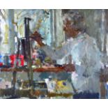 ENGLISH SCHOOL (20th Century), Unframed Oil on board, indistinctly signed, An artist at work.