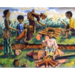 AFRICAN SCHOOL, FRAMED PASTEL, SIGNED ALO, FIGURES BUILDING IN A LANDSCAPE. 1ft 5ins X 1ft 10ins