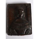 A SMALL 18TH/19TH CENTURY COPPER AND LEAD PANEL OF A FEMALE modelled in Elizabethan wares. 3Ins x