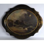 A LARGE MID VICTORIAN BLACK LACQUERED PAPIER MACHE TRAY painted with coastal scenes. 2ft 8ins wide.