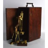 A LATE VICTORIAN W HEATH OPTICAL MICROSCOPE contained within its original fitted box. 1ft 2ins