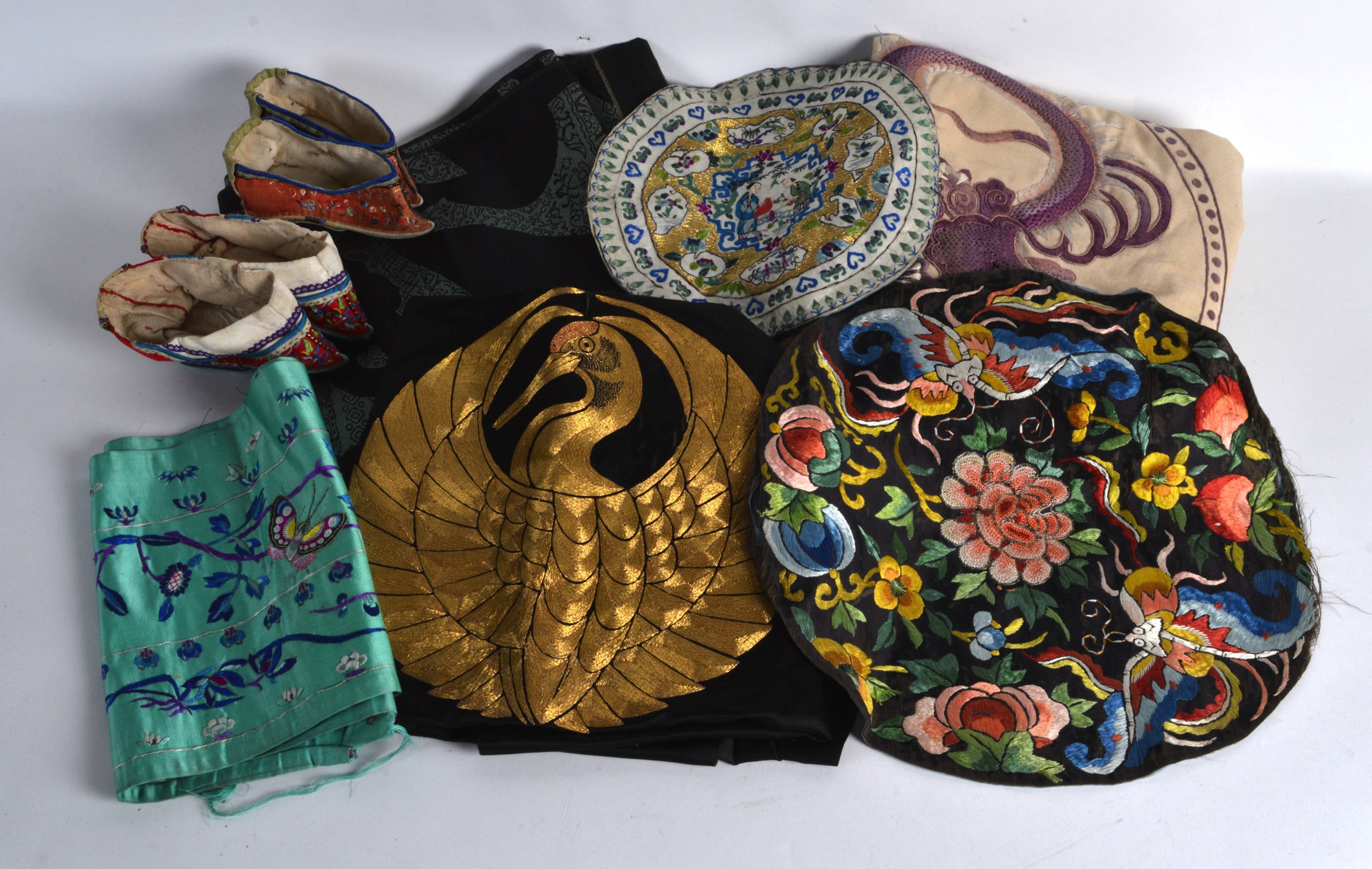 A COLLECTION OF TEN 19TH AND 20TH CENTURY CHINESE SILKWORK ARTICLES including panels, shoes,