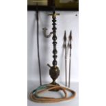 AN EARLY 20TH CENTURY EASTERN ENAMELLED HOOKAH PIPE together with three spears. Hookah 3ft 10ins