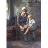 JOHN PATRICK DOWNIE (1871-1945), British, Framed Oil on Canvas, signed, A mother dressing her child.