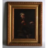 AFTER TENIER (19th Century), Framed Oil on Panel, Seated man drinking and smoking a pipe. 11ins x