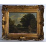 BRITISH SCHOOL (19TH CENTURY), FRAMED OIL ON CANVAS, FARM IN A LANDSCAPE. 1ft x 1ft 4ins