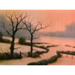 Michael John Hill (Born 1956) Framed Oil on board, Sunset Landscape, 1ft 2ins x 10ins.