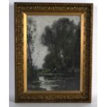 J NOBLE (British), Framed Oil on Canvas, signed, figures by the river bank. 1ft 1ins x 9.5ins.