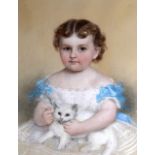 BRITISH SCHOOL (1866), Framed Pastel, signed & dated, a portly young girl and her cat. 1ft 11ins x