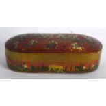 AN EARLY 20TH CENTURY PERSIAN LACQUERED OVAL BOX AND COVER decorated with figures on horseback