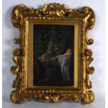 CONTINENTAL SCHOOL (19th Century), Framed Oil on Board, Two females at the feet of a statue. 10ins x