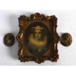 A LATE 19TH CENTURY FRENCH MINIATURE GILT METAL PHOTOGRAPH FRAME together with two miniature